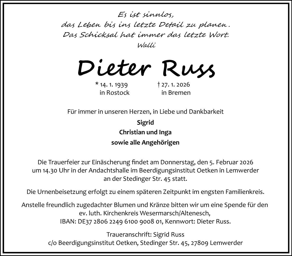  Traueranzeige für Dieter Russ vom 31.01.2026 aus Die Norddeutsche