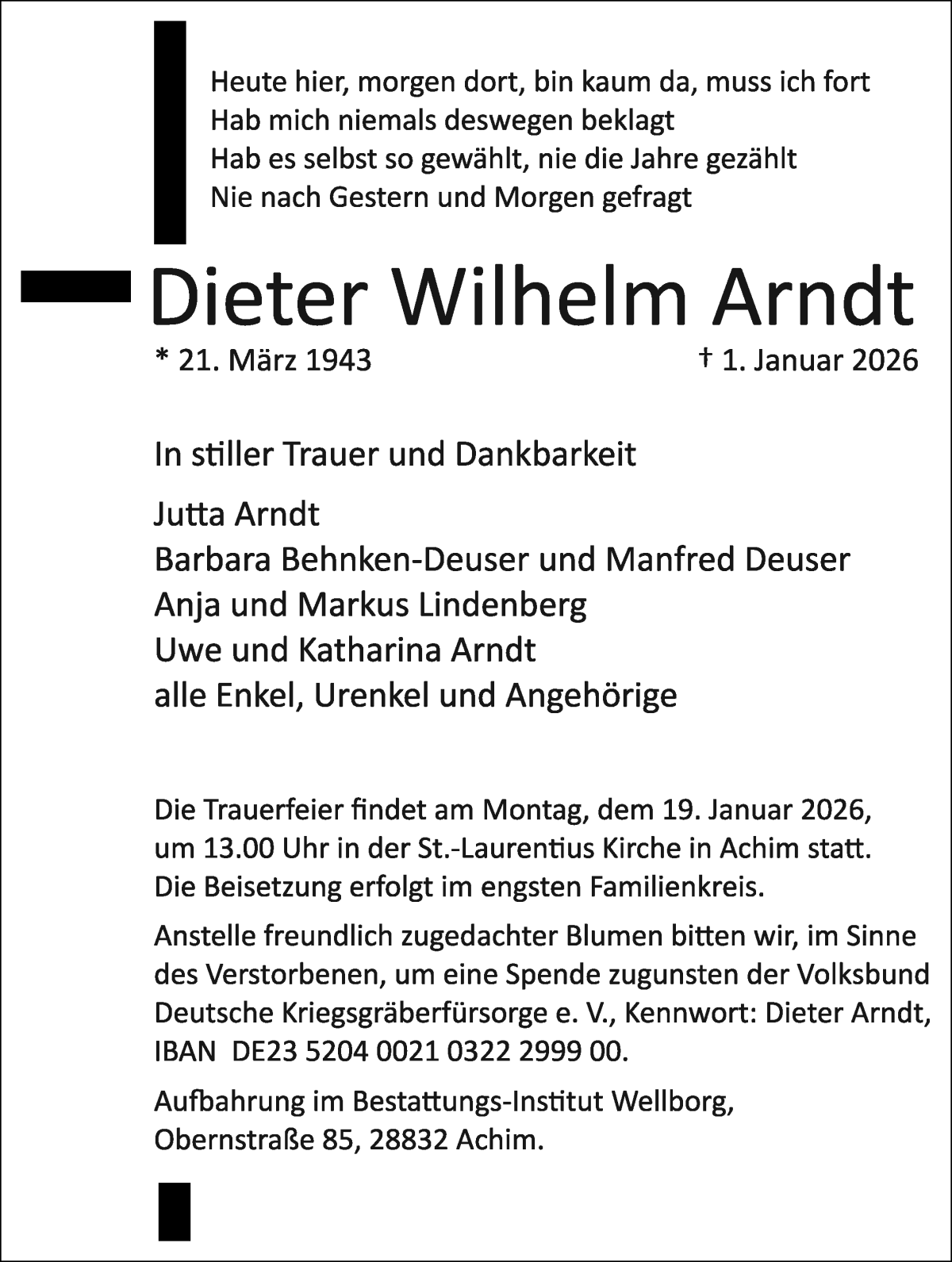 Traueranzeige von Dieter Wilhelm Arndt von Achimer Kurier/Verdener Nachrichten