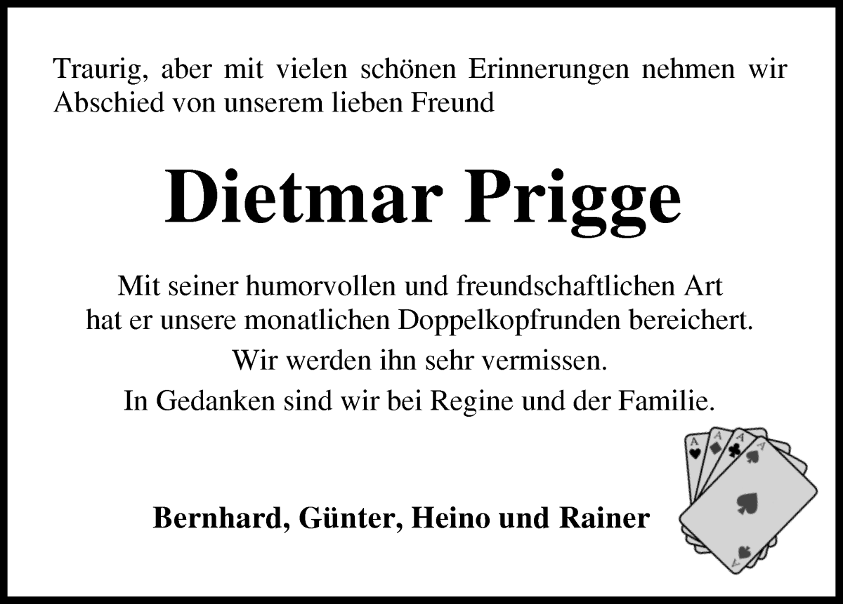 Traueranzeige von Dietmar Prigge von Osterholzer Kreisblatt