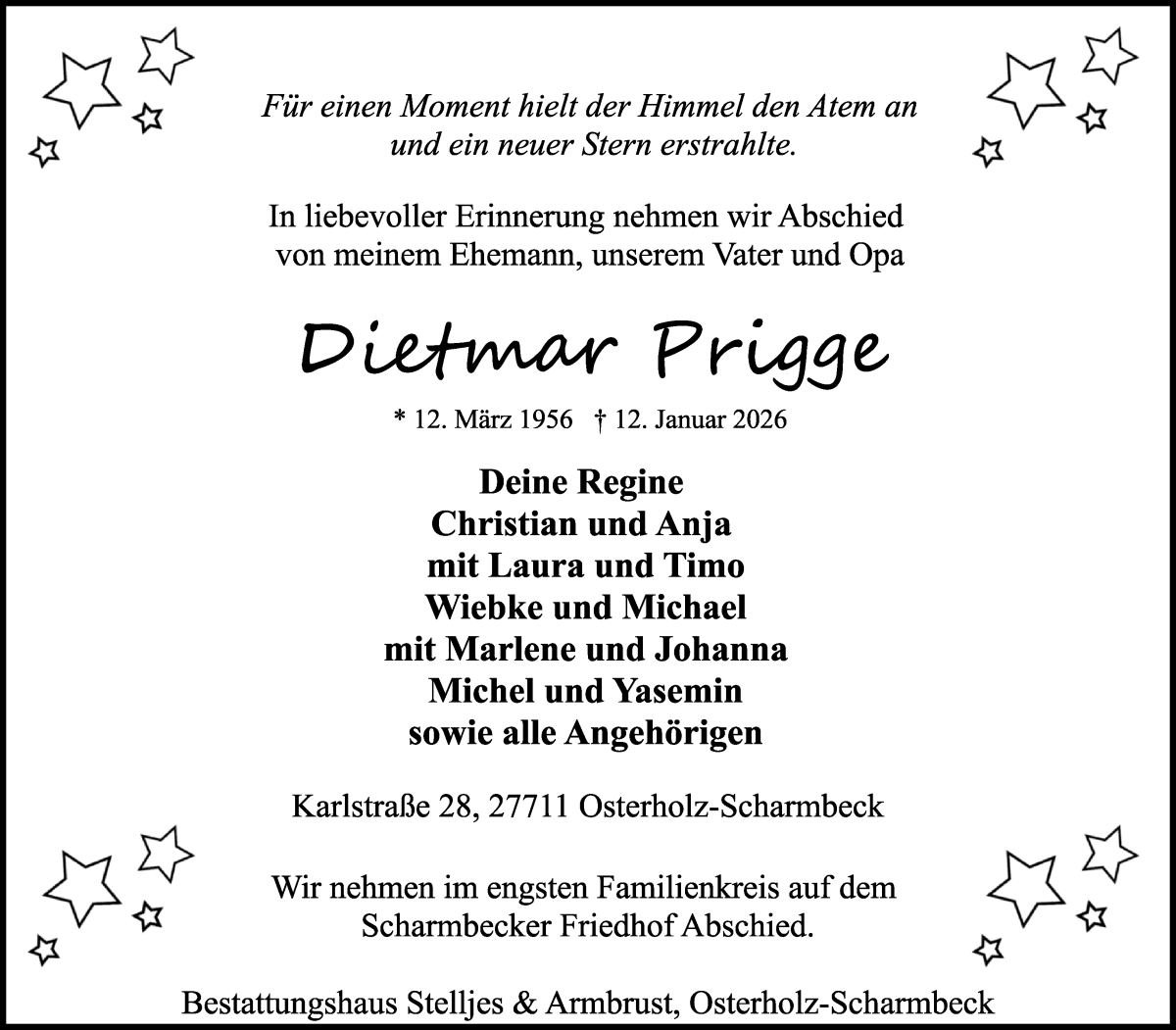 Traueranzeige von Dietmar Prigge von Osterholzer Kreisblatt