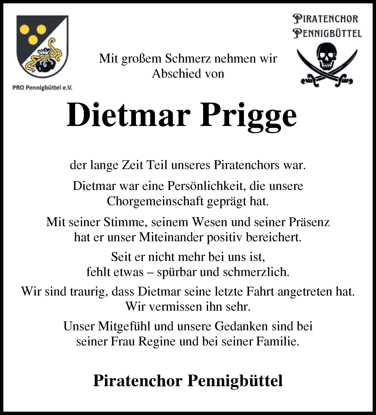 Traueranzeige von Dietmar Prigge von Osterholzer Kreisblatt