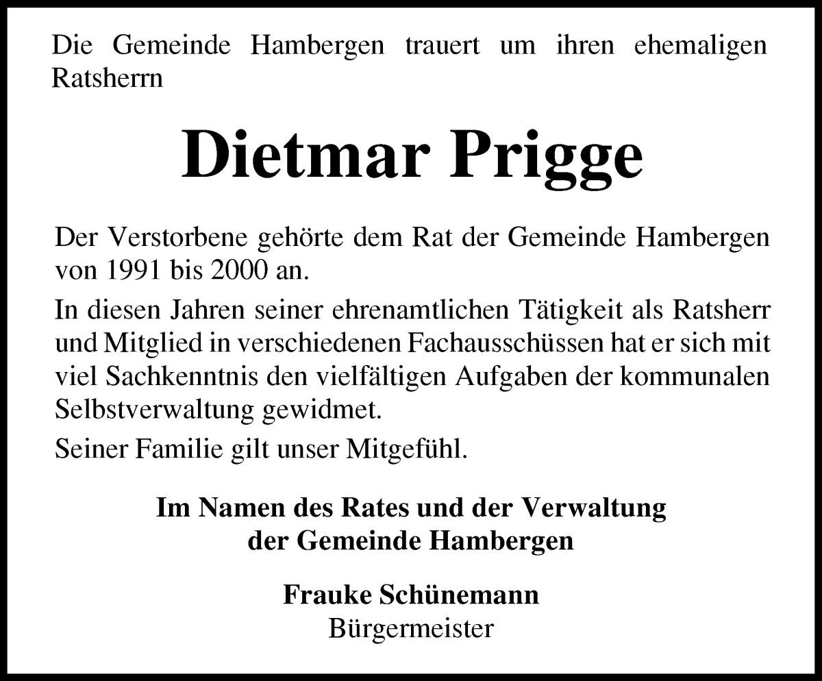 Traueranzeige von Dietmar Prigge von Osterholzer Kreisblatt