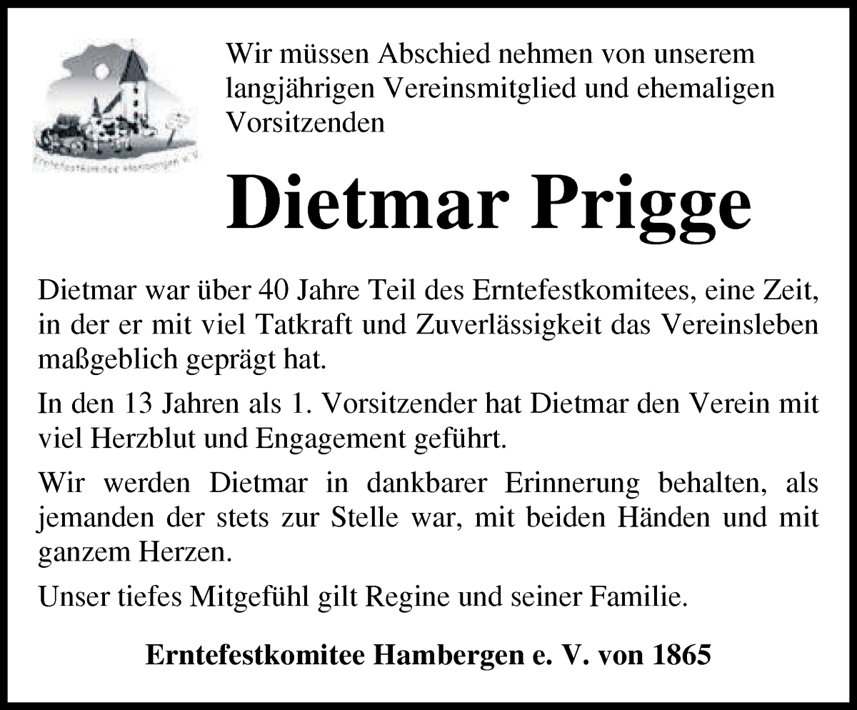 Traueranzeige von Dietmar Prigge von Osterholzer Kreisblatt