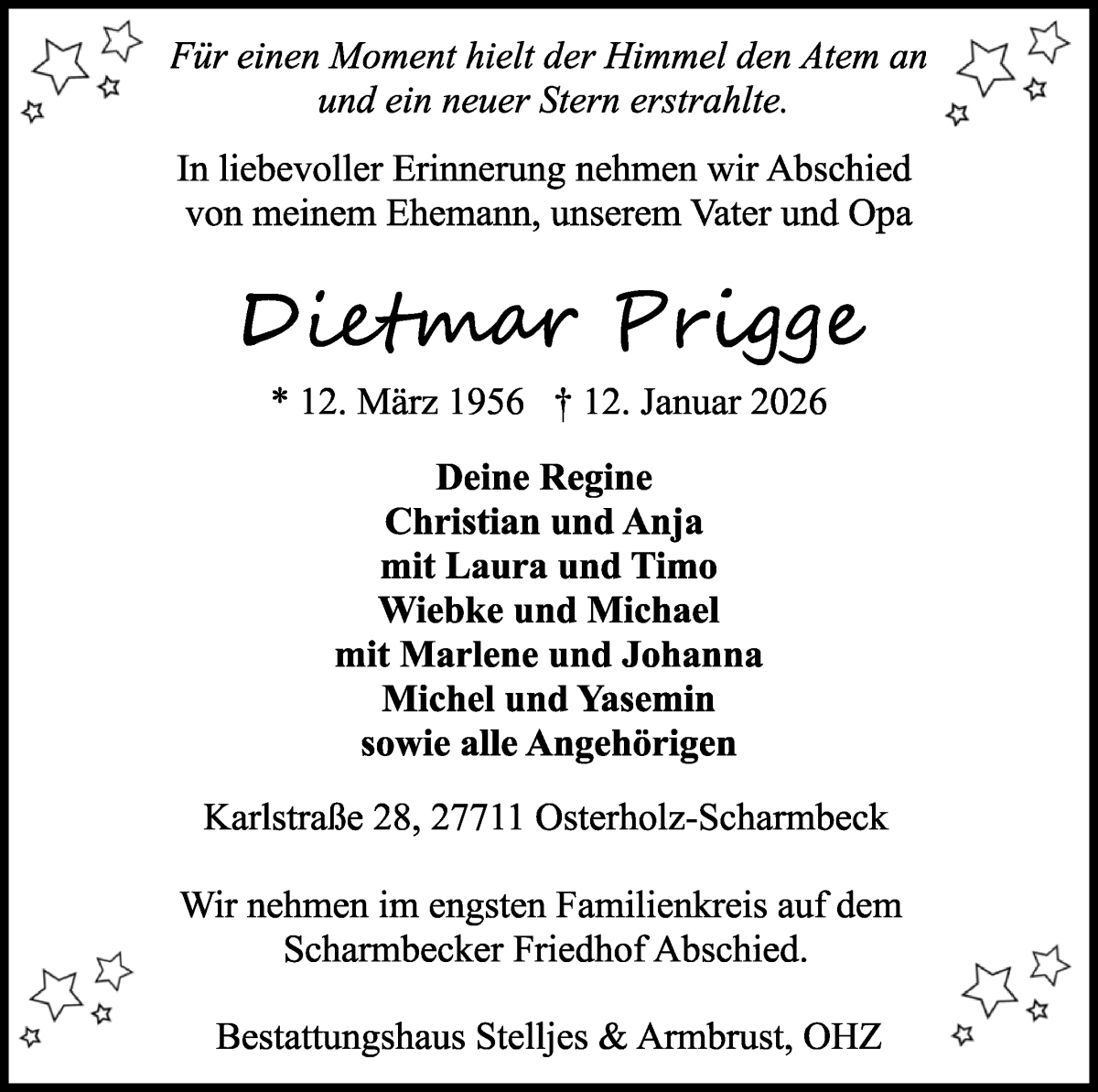 Traueranzeige von Dietmar Prigge von WESER-KURIER