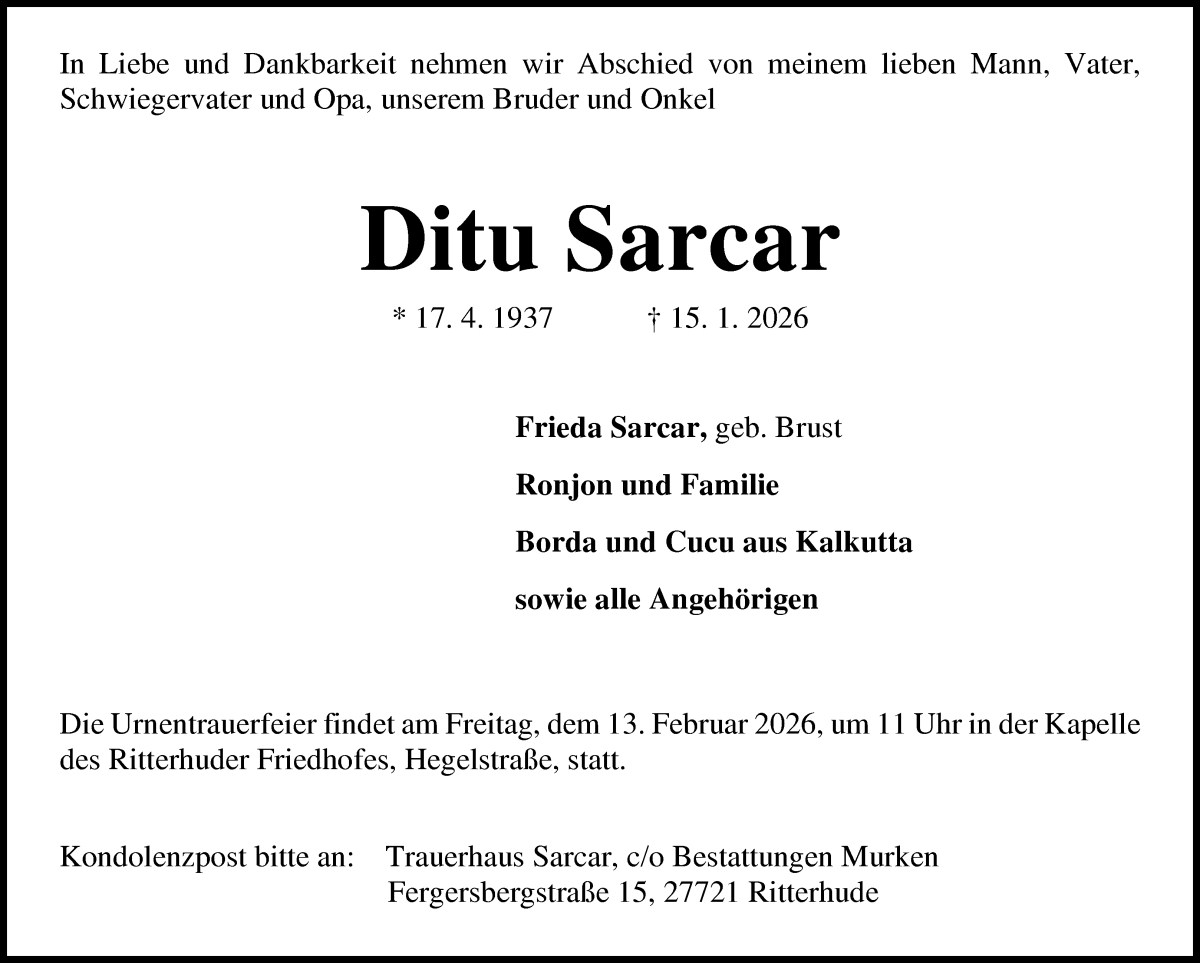Traueranzeige von Ditu Sarcar von Osterholzer Kreisblatt