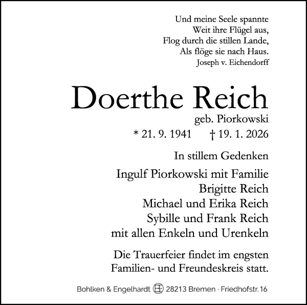 Traueranzeige von Doerthe Reich von WESER-KURIER