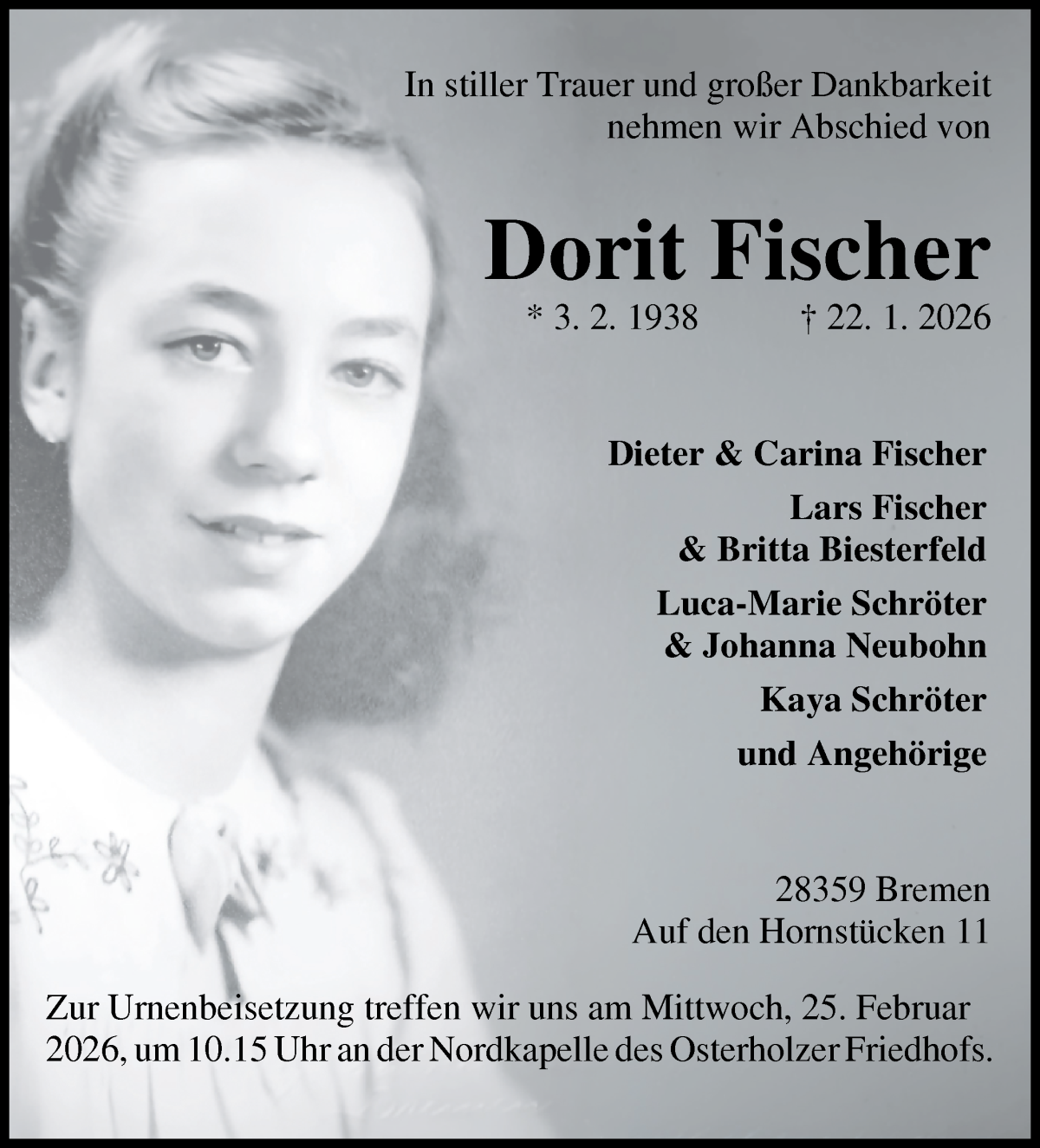 Traueranzeige von Dorit Fischer von WESER-KURIER
