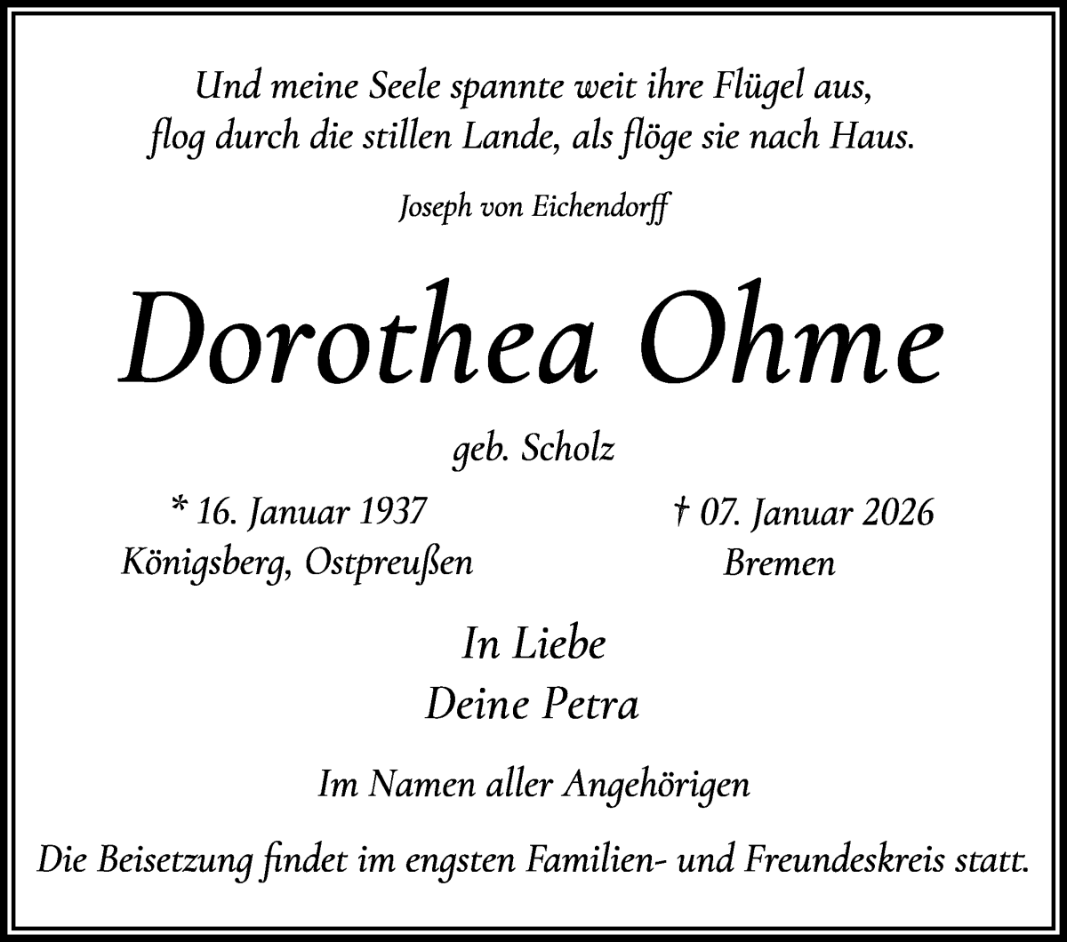  Traueranzeige für Dorothea Ohme vom 17.01.2026 aus WESER-KURIER