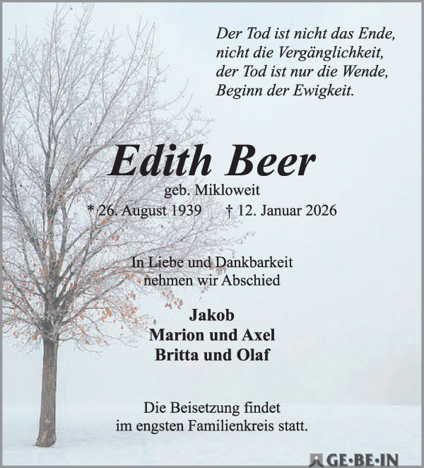 Traueranzeige von Edith Beer von Die Norddeutsche