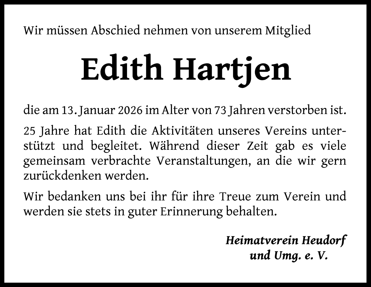 Traueranzeige von Edith Hartjen von Wuemme Zeitung