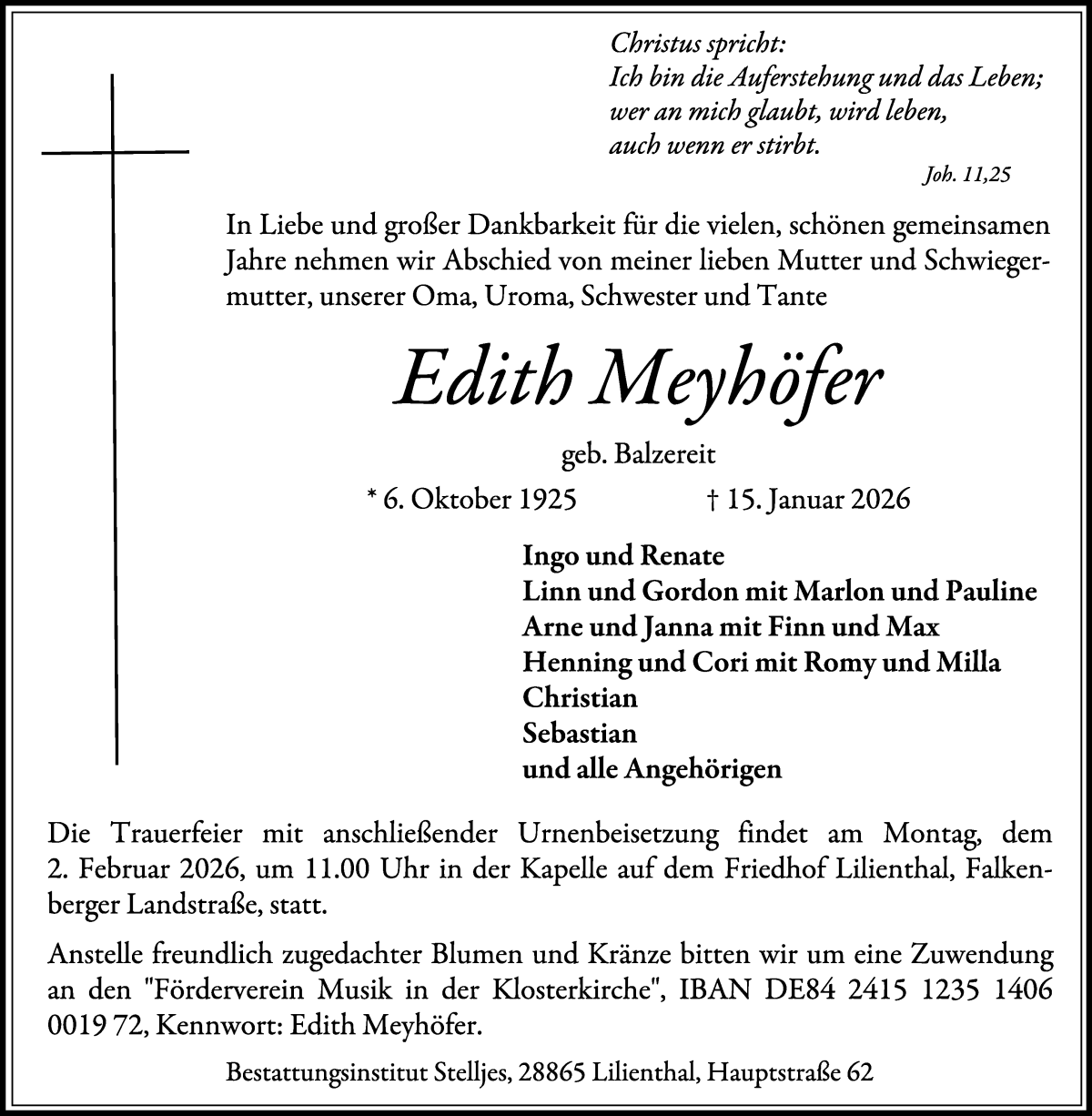 Traueranzeige von Edith Meyhöfer von Wuemme Zeitung