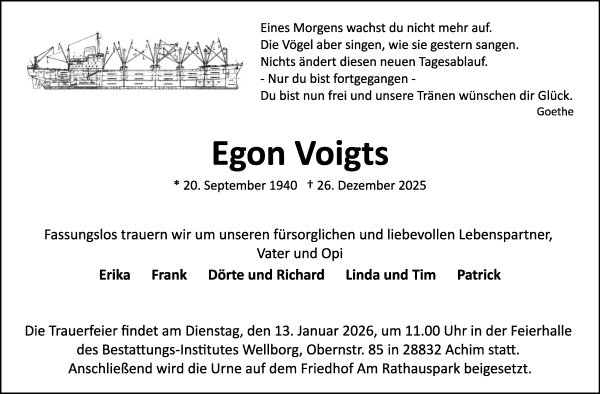 Traueranzeige von Egon Voigts von Achimer Kurier/Verdener Nachrichten