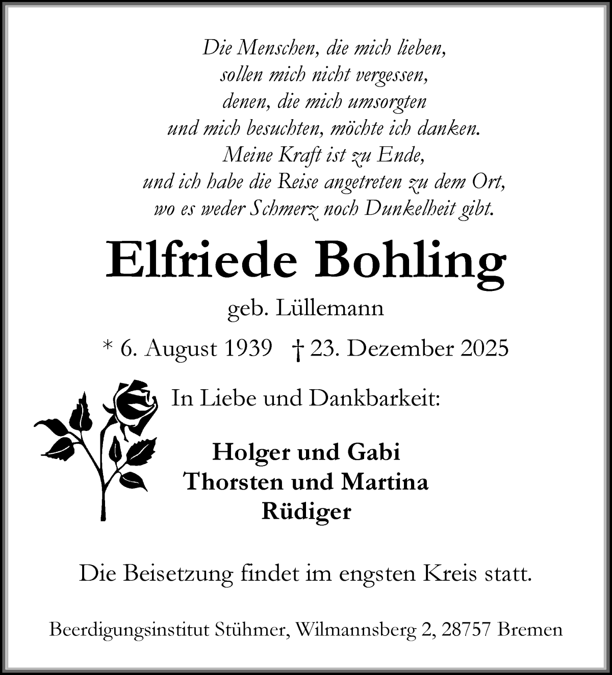 Traueranzeige von Elfriede Bohling von Die Norddeutsche