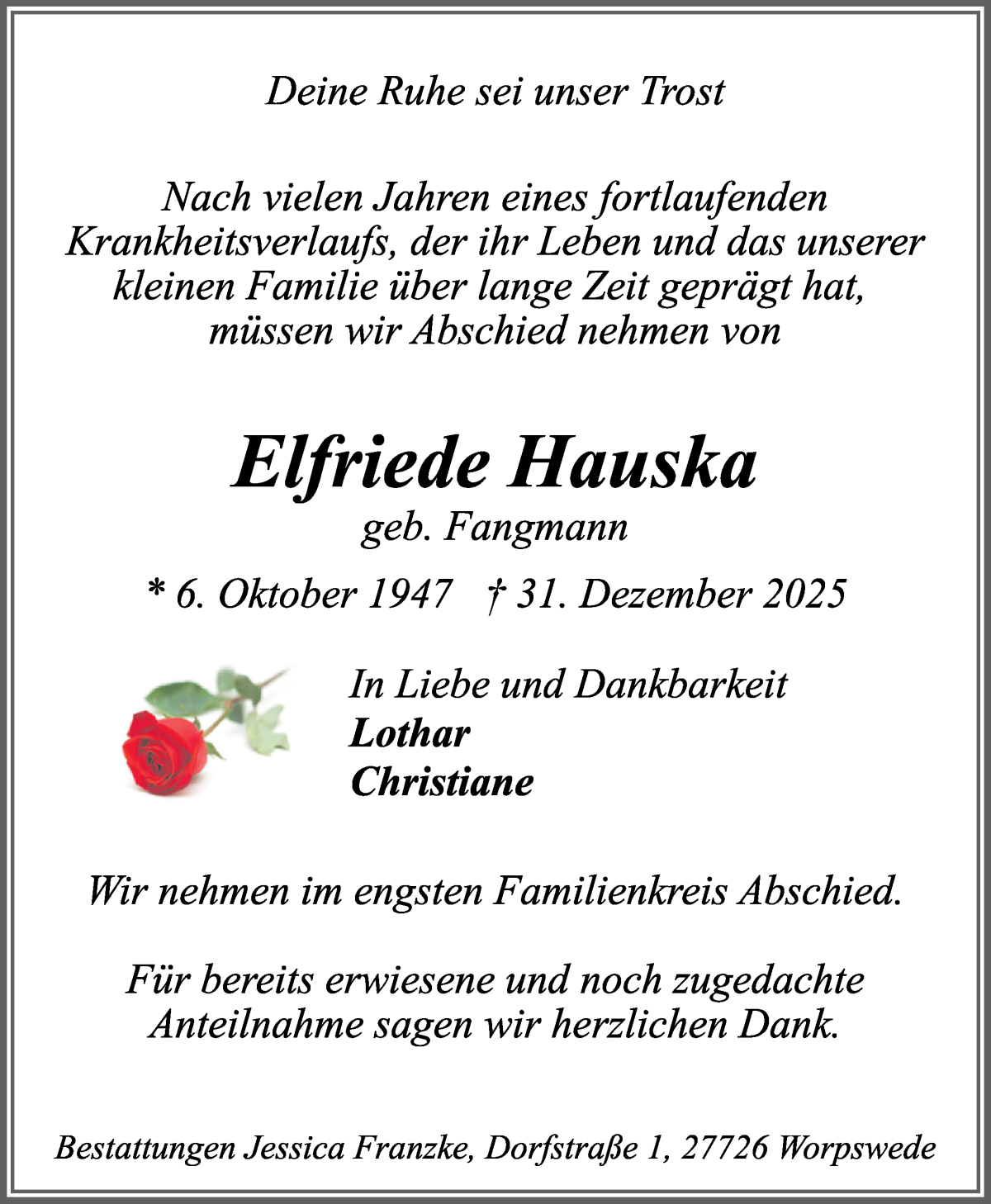 Traueranzeige von Elfriede Hauska von Osterholzer Kreisblatt