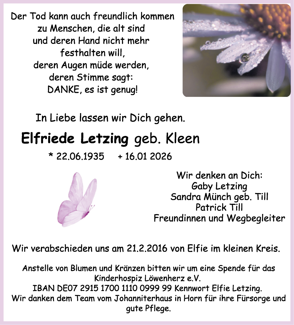 Traueranzeige von Elfriede Letzing von WESER-KURIER