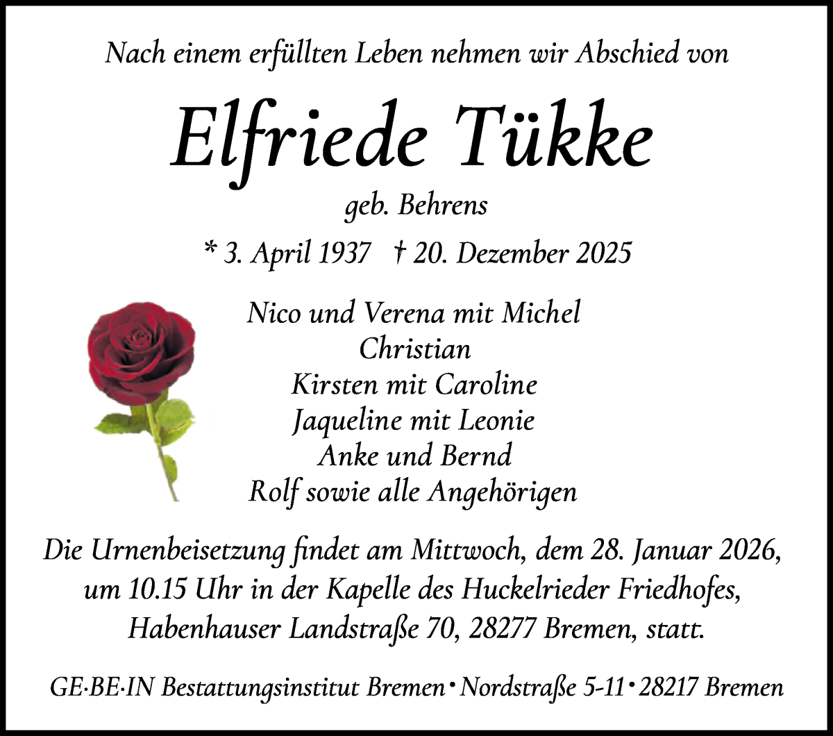  Traueranzeige für Elfriede Tükke vom 17.01.2026 aus WESER-KURIER