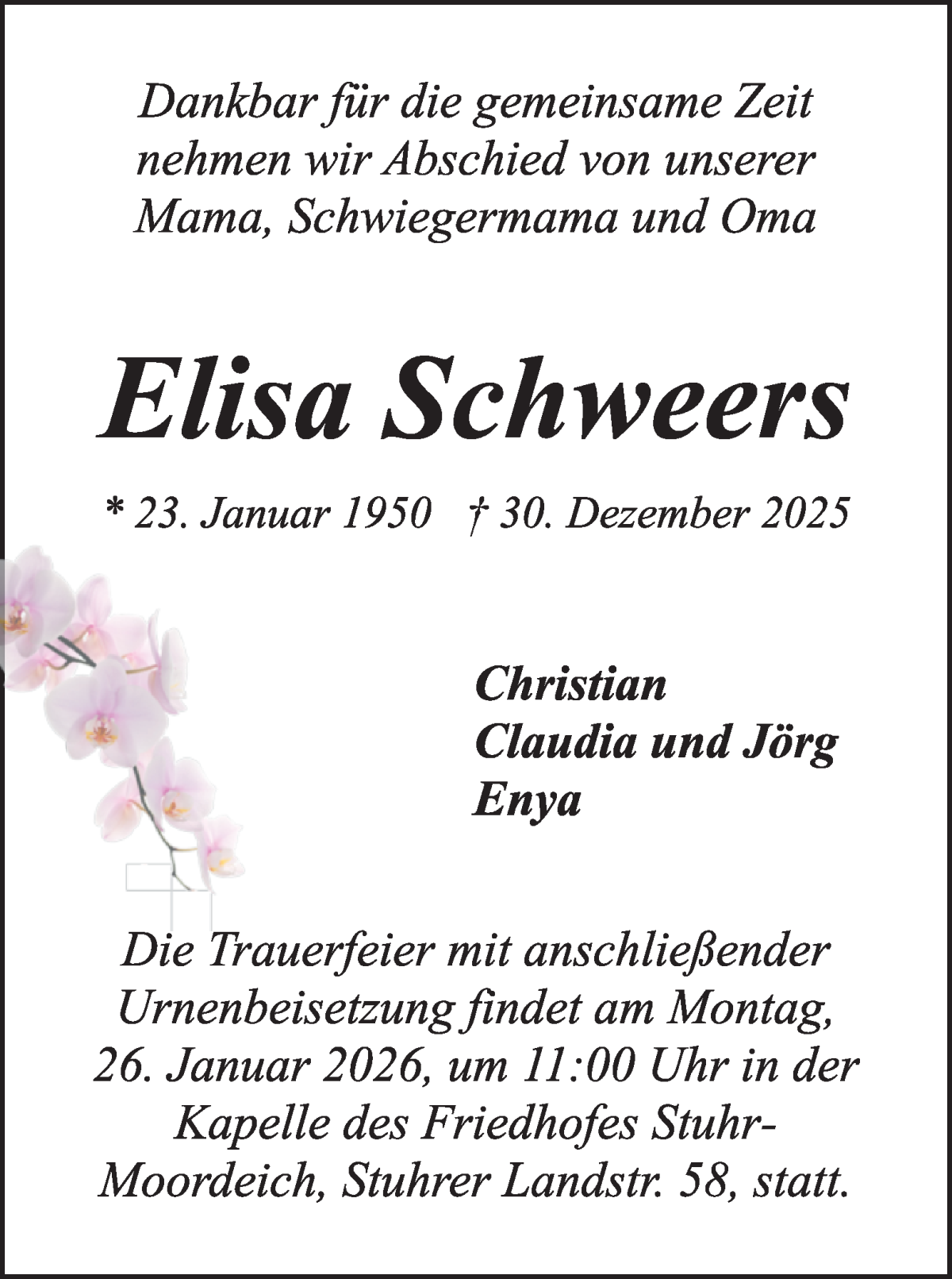 Traueranzeige von Elisa Schweers von WESER-KURIER