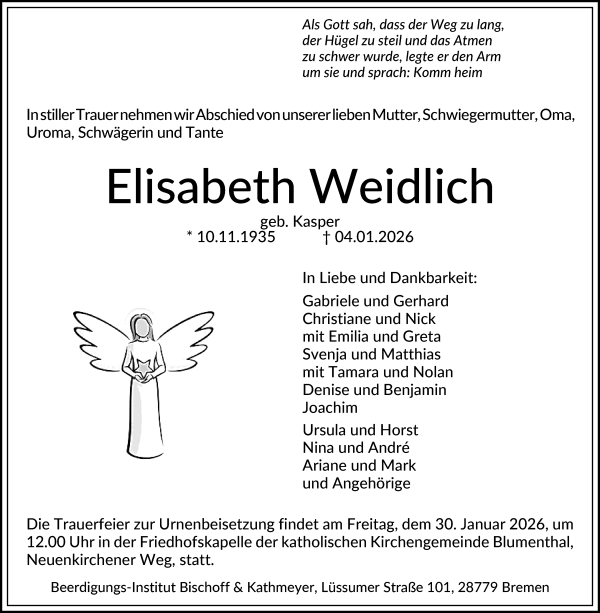 Traueranzeige von Elisabeth Weidlich von Die Norddeutsche