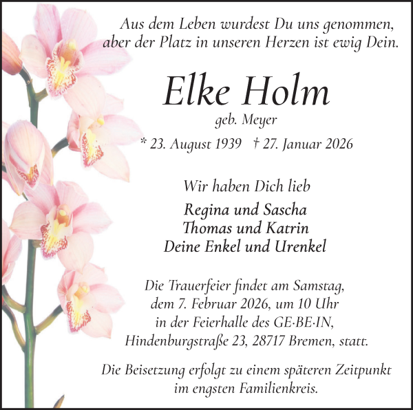 Traueranzeige von Elke Holm von Die Norddeutsche
