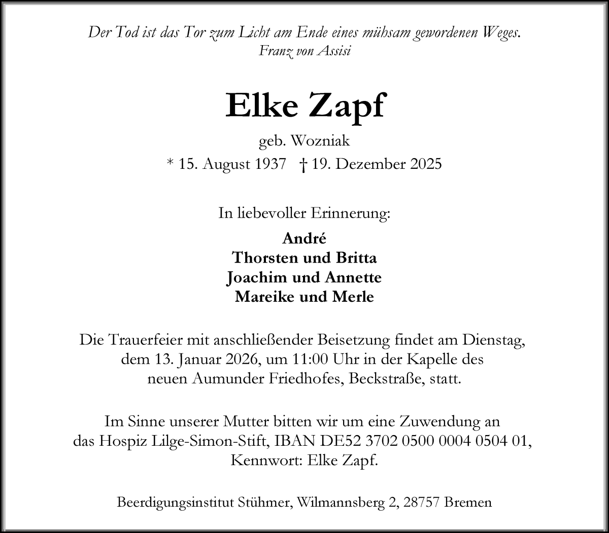 Traueranzeige von Elke Zapf von Die Norddeutsche