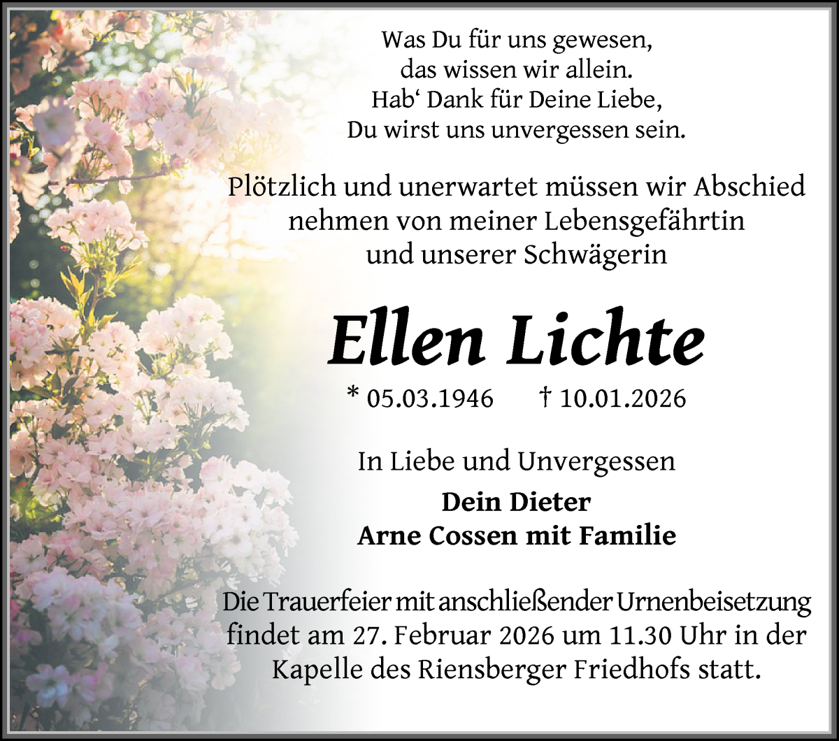 Traueranzeige von Ellen Lichte von WESER-KURIER