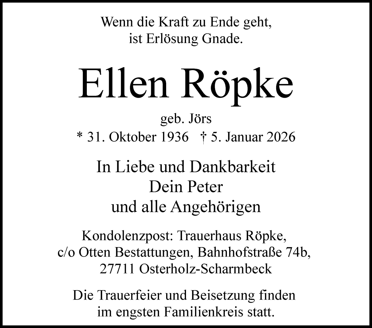 Traueranzeige von Ellen Röpke von Osterholzer Kreisblatt