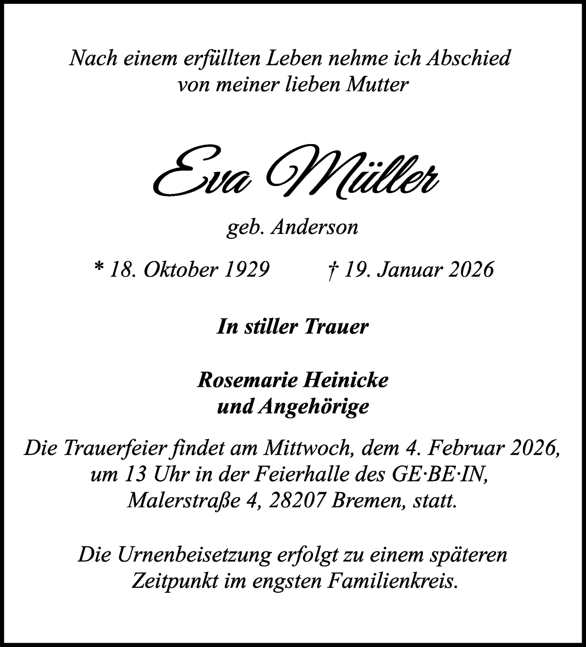 Traueranzeige von Eva Müller von WESER-KURIER