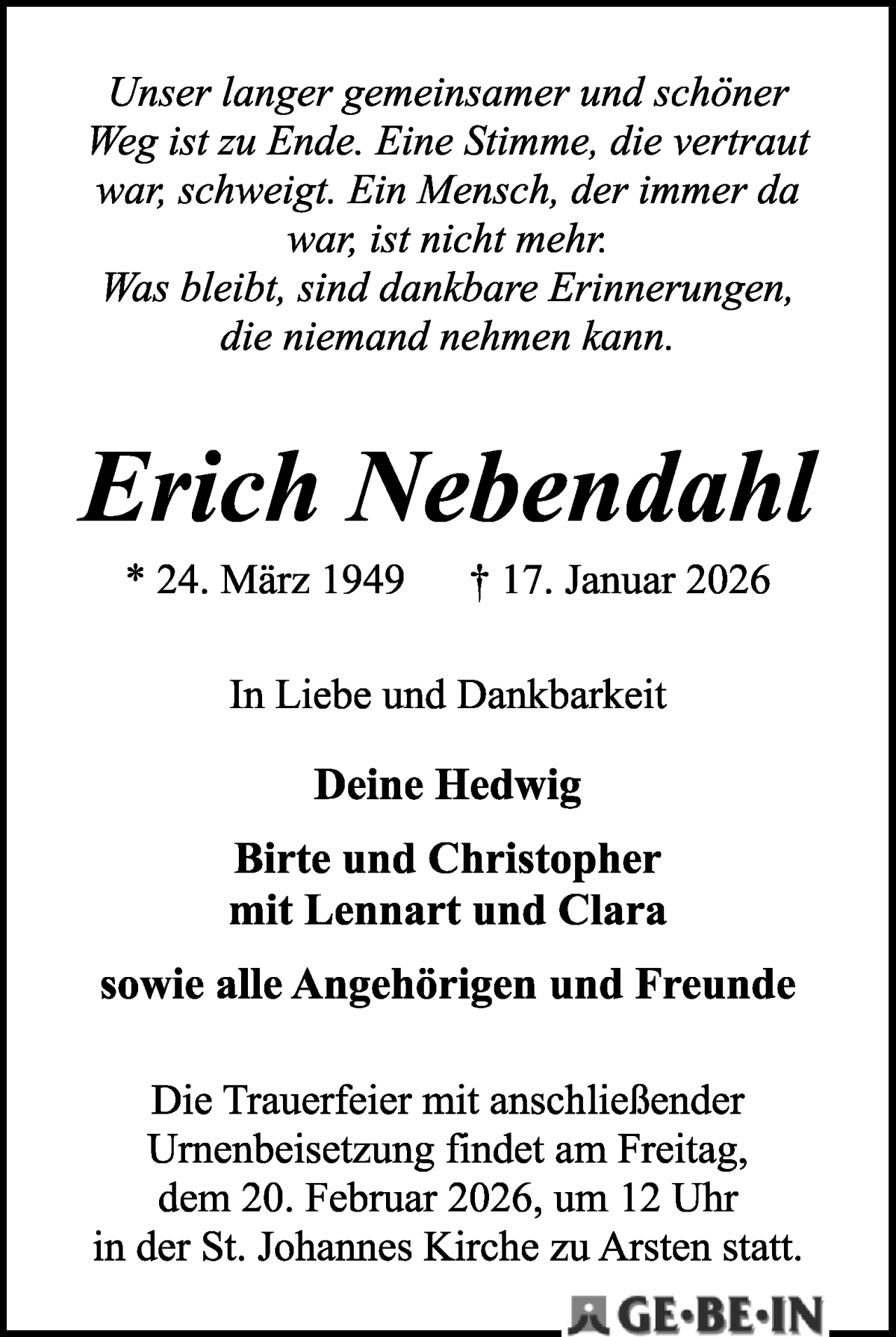  Traueranzeige für Erich Nebendahl vom 31.01.2026 aus WESER-KURIER