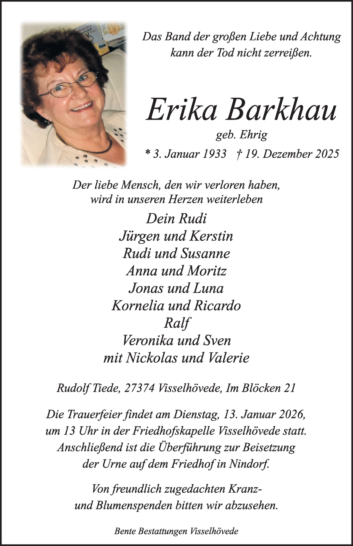 Traueranzeige von Erika Barkhau von WESER-KURIER