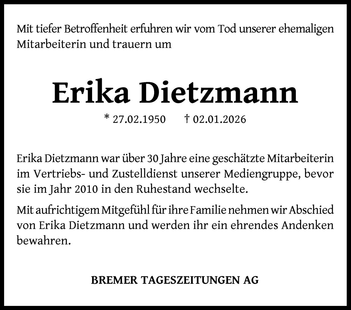 Traueranzeige von Erika Dietzmann von WESER-KURIER