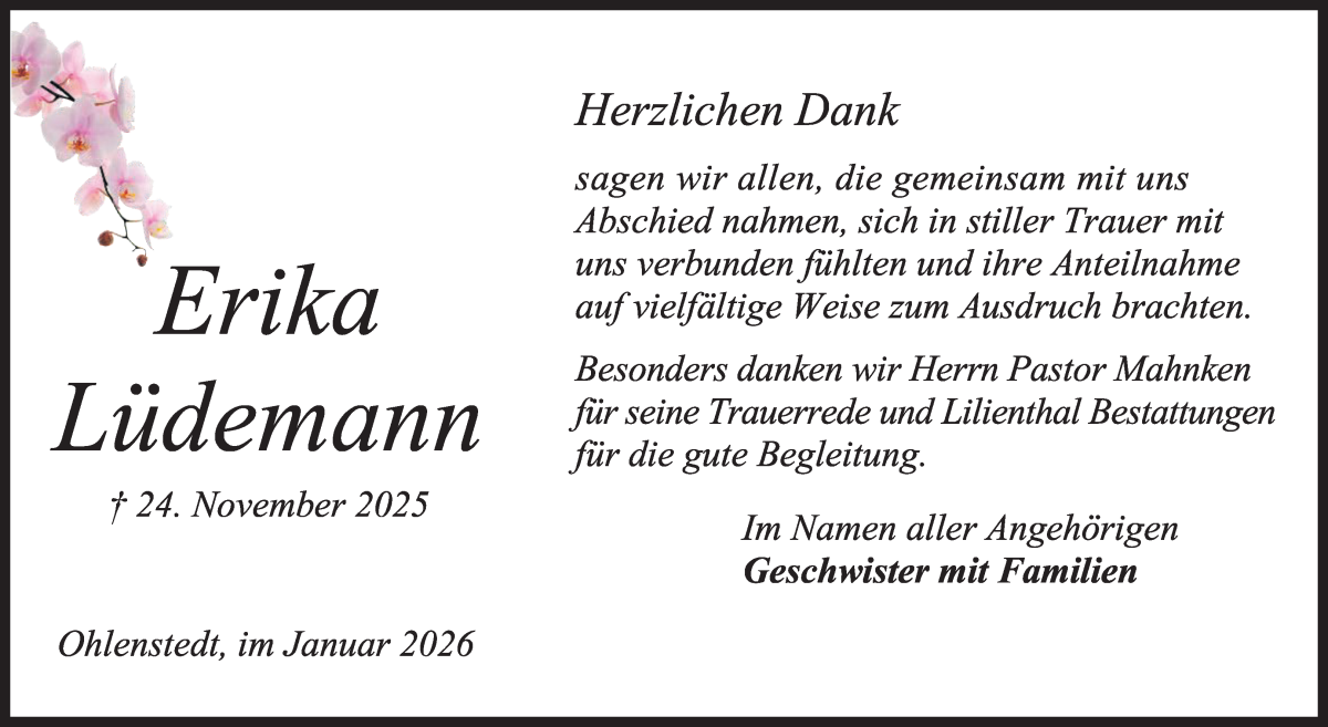 Traueranzeige von Erika Lüdemann von Osterholzer Kreisblatt