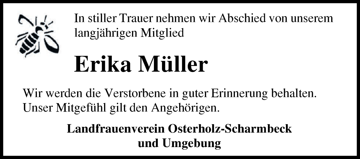 Traueranzeige von Erika Müller von Osterholzer Kreisblatt