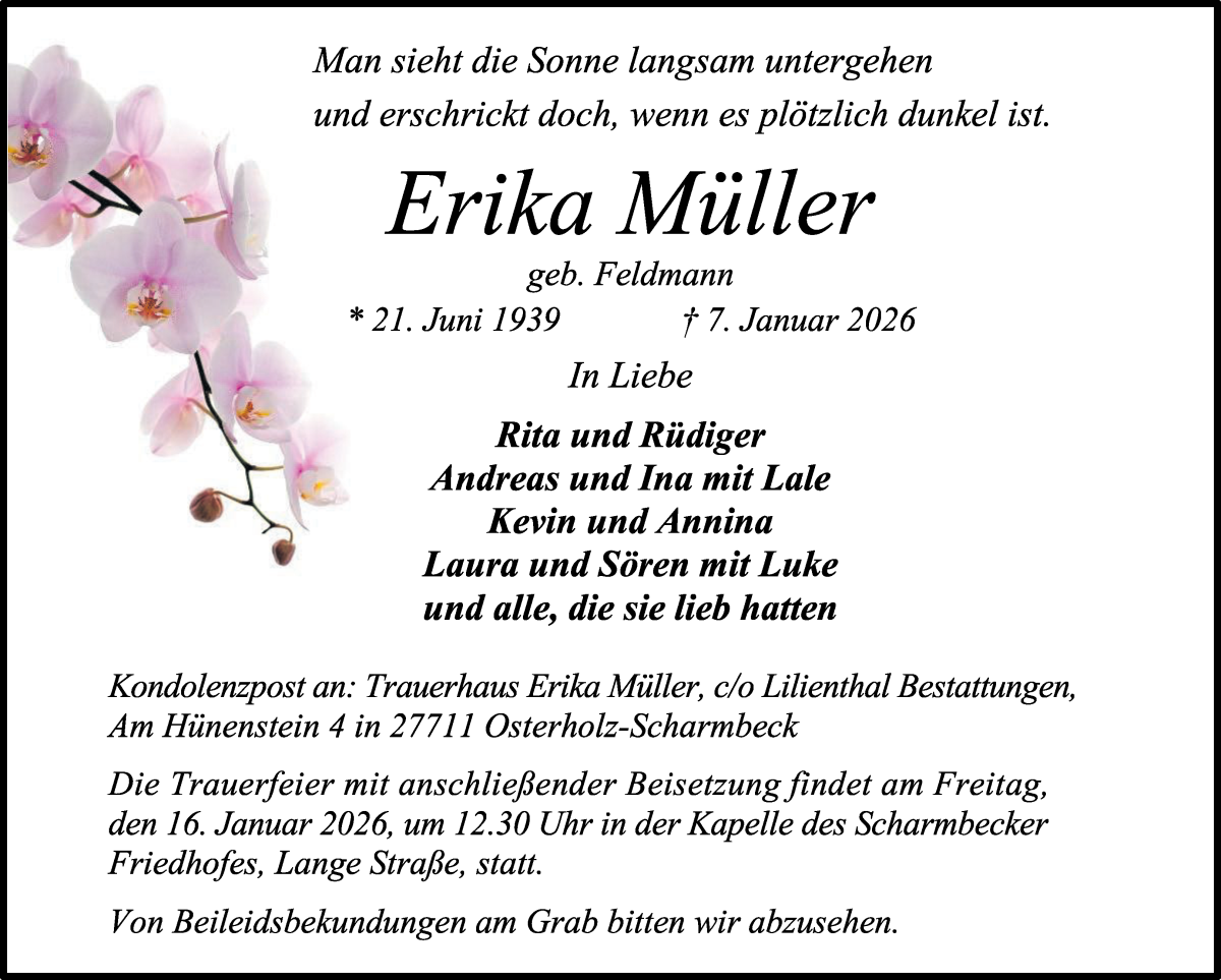 Traueranzeige von Erika Müller von Osterholzer Kreisblatt