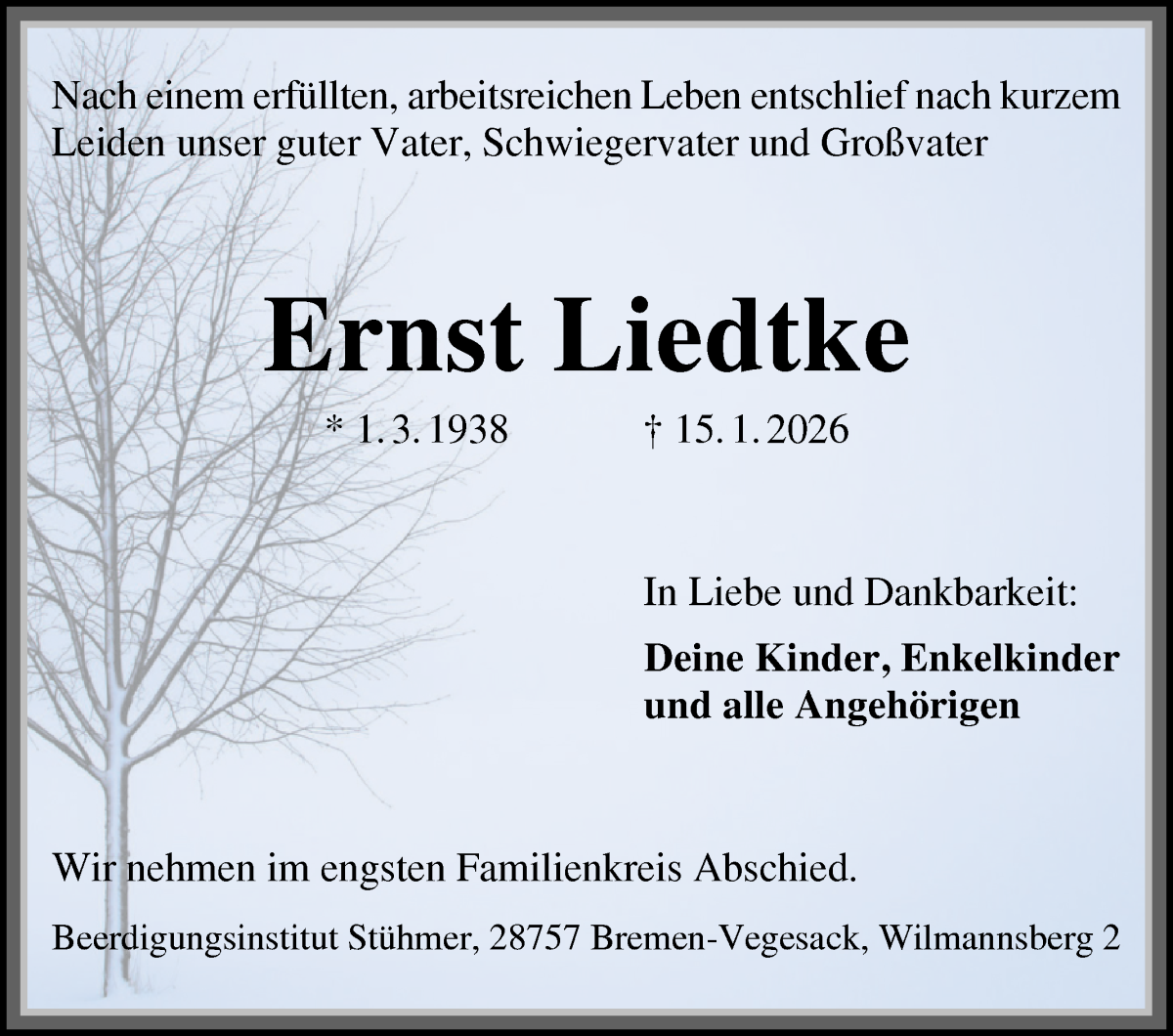 Traueranzeige von Ernst Liedtke von Osterholzer Kreisblatt