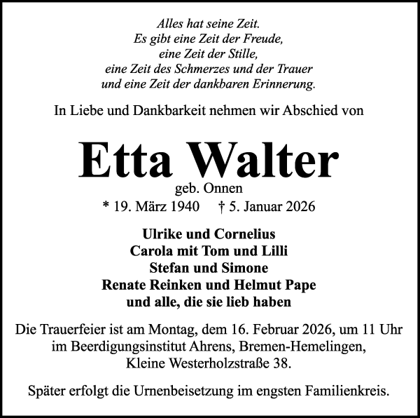Traueranzeige von Etta Walter von WESER-KURIER