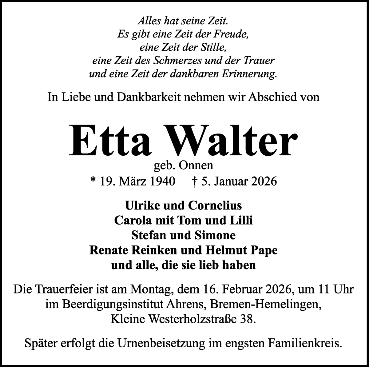 Traueranzeige von Etta Walter von WESER-KURIER