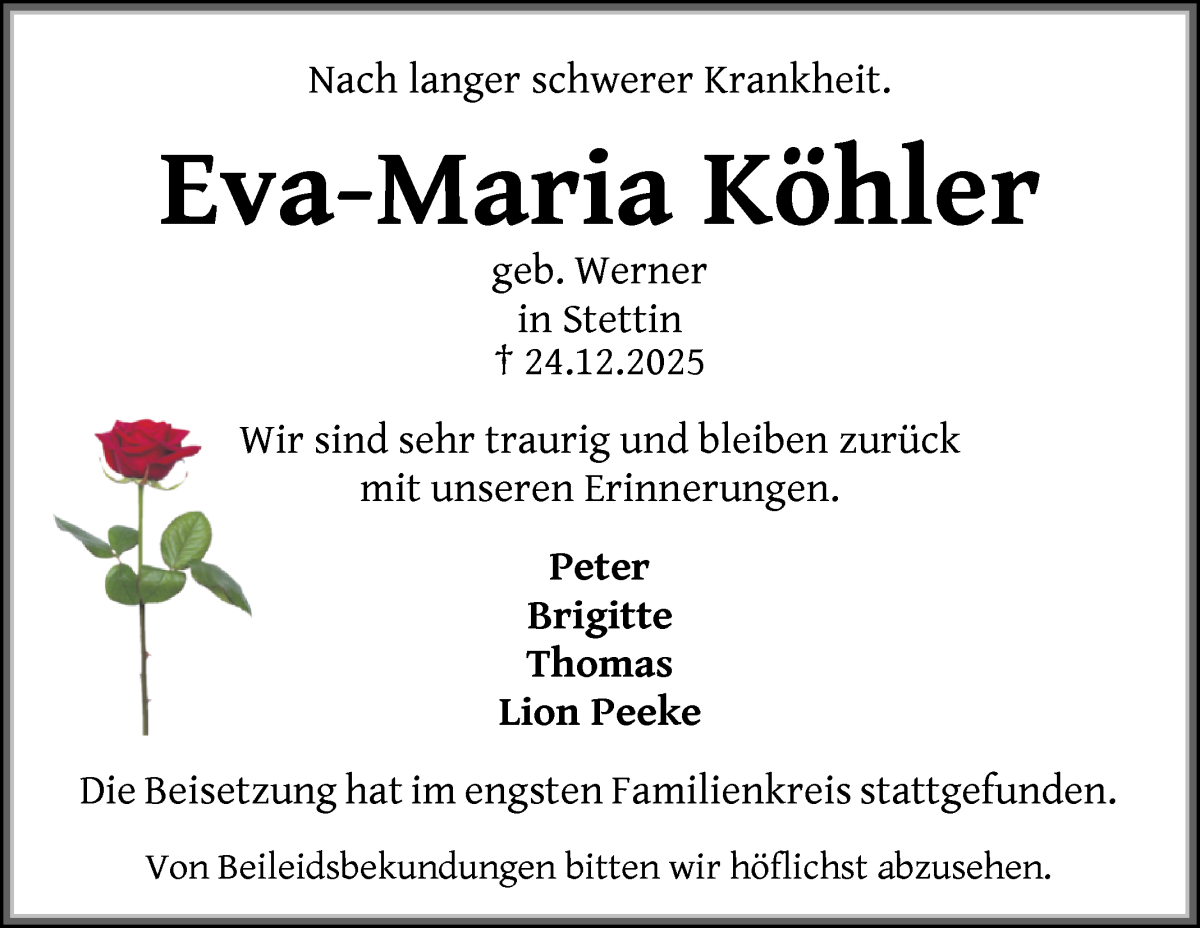Traueranzeige von Eva-Maria Köhler von WESER-KURIER