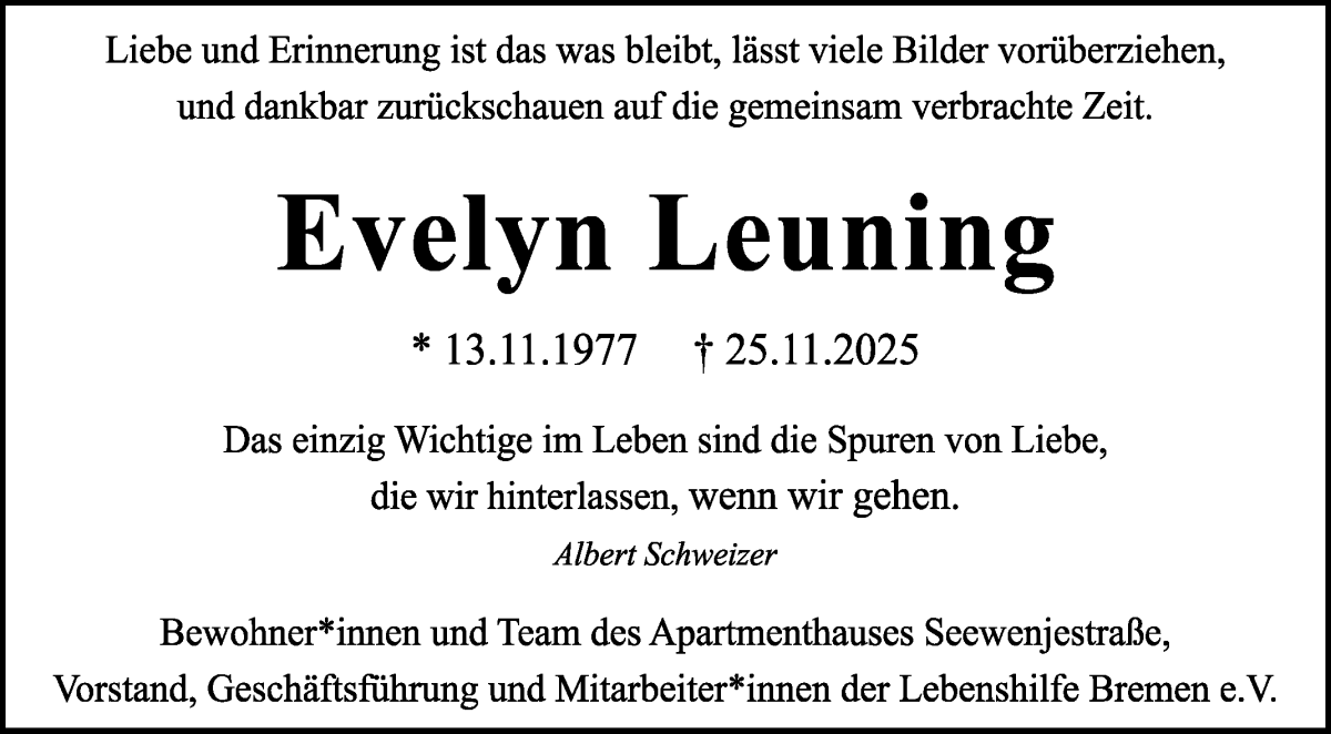 Traueranzeige von Evelyn Leuning von WESER-KURIER