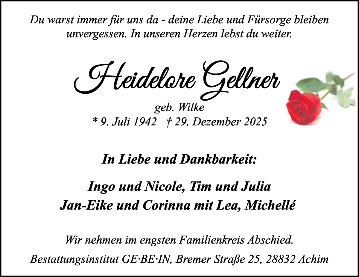 Traueranzeige von Heidelore Gellner von WESER-KURIER