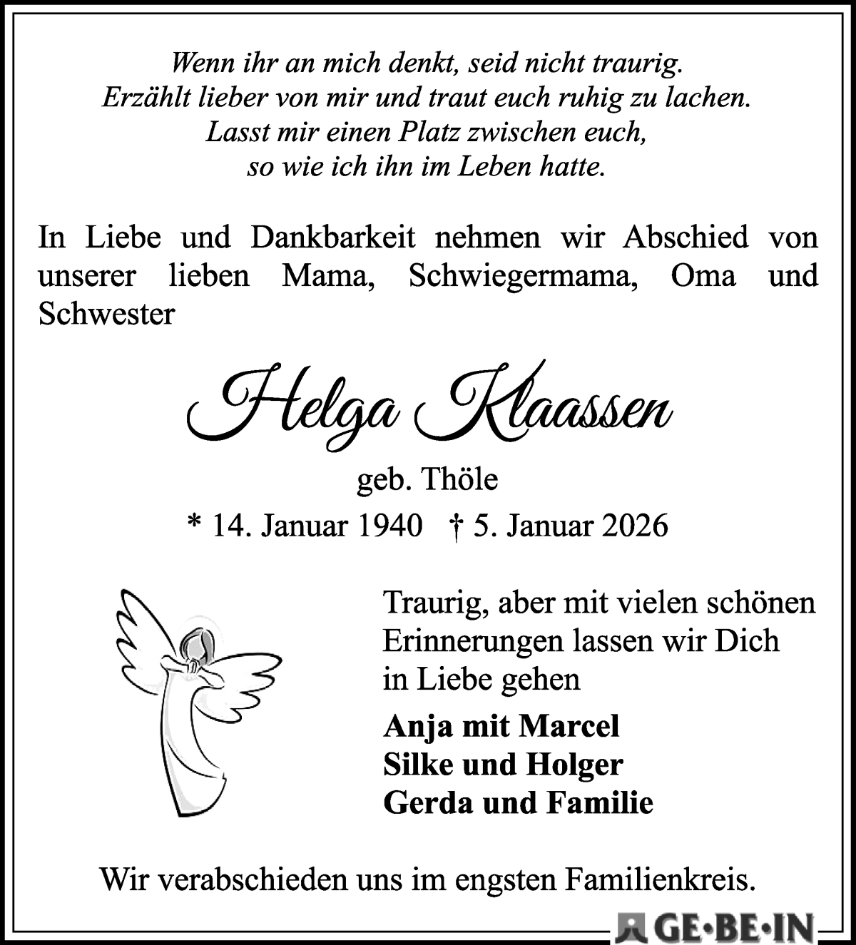 Traueranzeige von Felya Klassen von WESER-KURIER