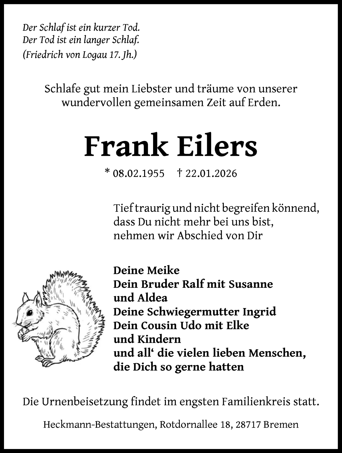  Traueranzeige für Frank Eilers vom 31.01.2026 aus Die Norddeutsche