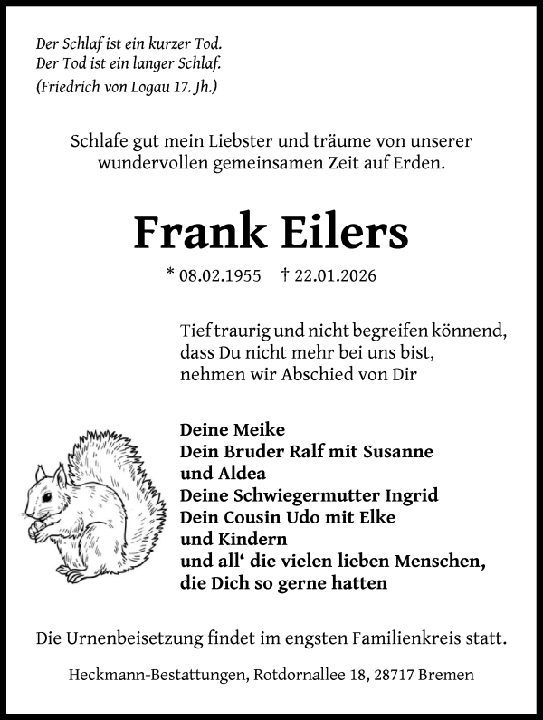 Traueranzeige von Frank Eilers von Die Norddeutsche