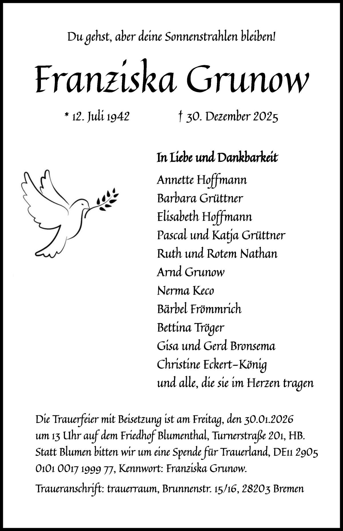 Traueranzeige von Franziska Grunow von WESER-KURIER