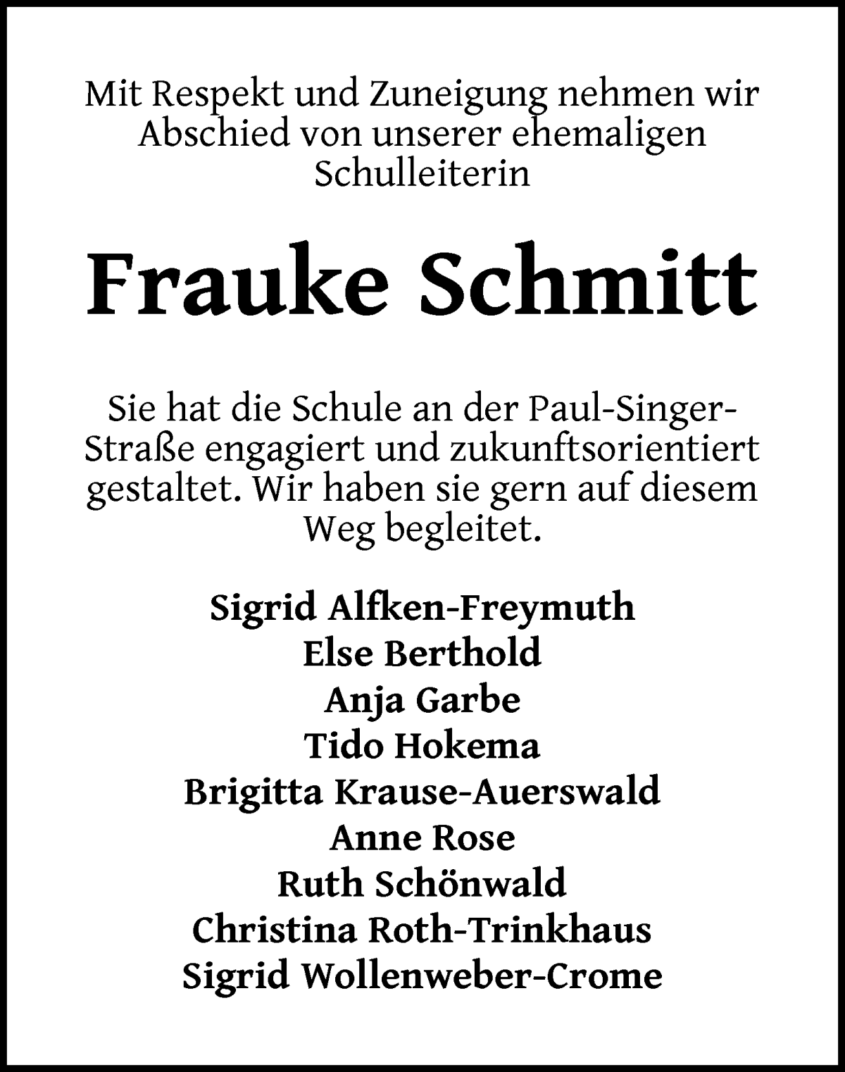 Traueranzeige von Frauke Schmitt von WESER-KURIER