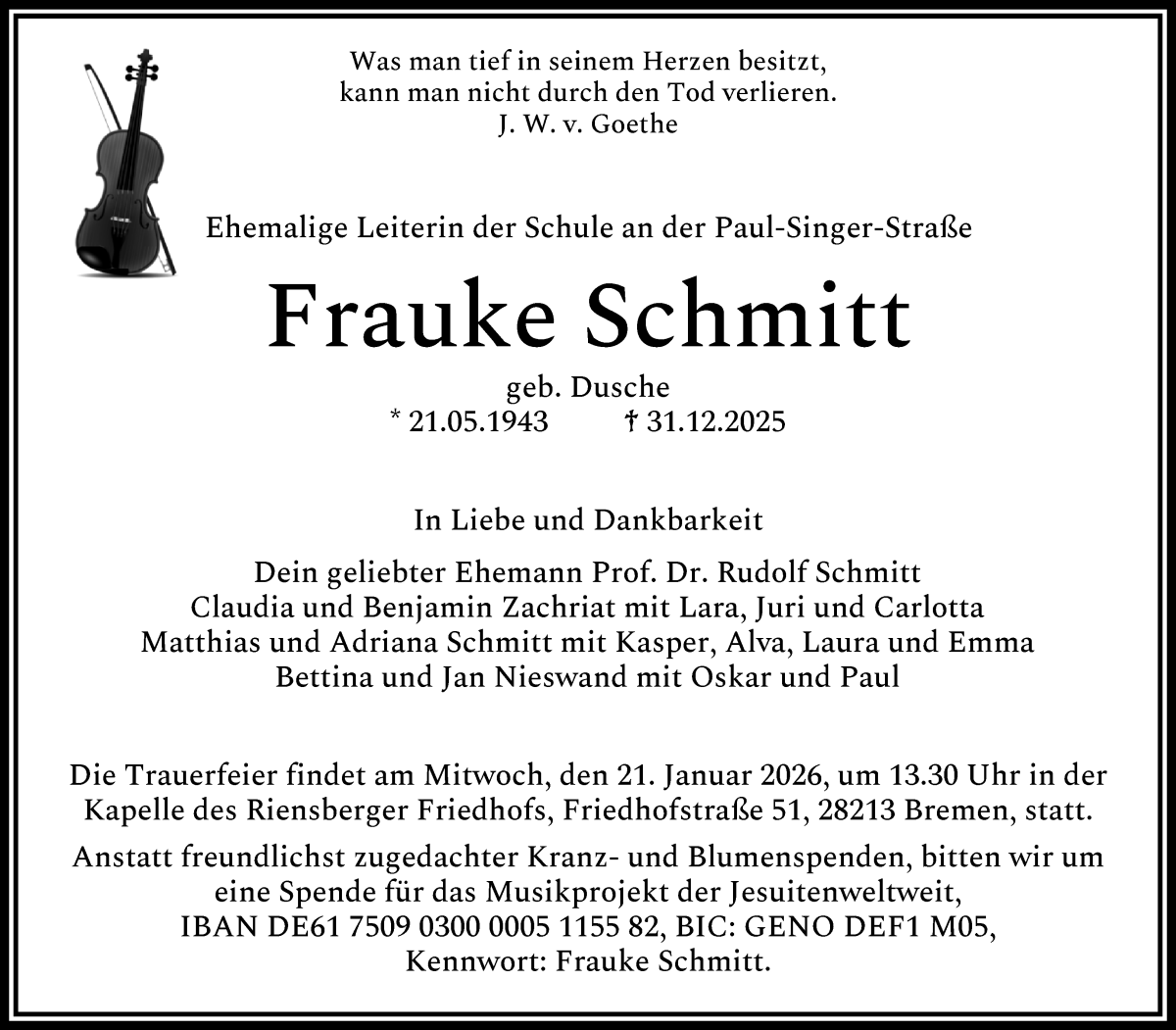 Traueranzeige für Frauke Schmitt vom 10.01.2026 aus WESER-KURIER