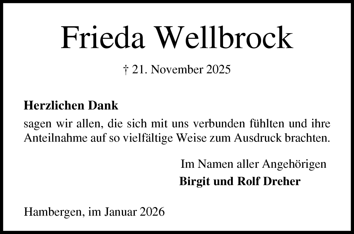 Traueranzeige von Frieda Wellbrock von Osterholzer Kreisblatt