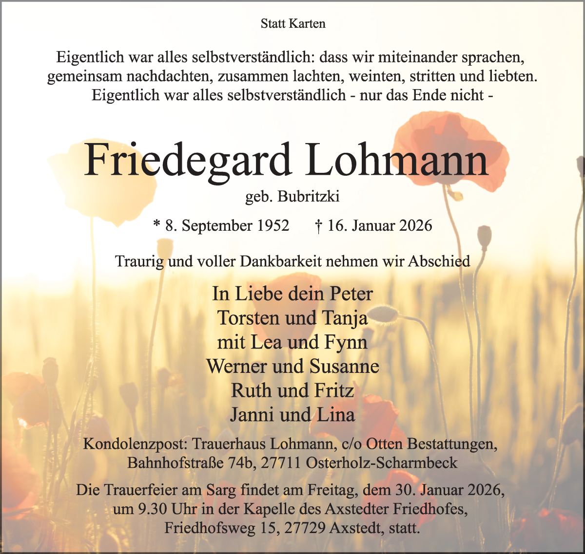 Traueranzeige von Friedegard Lohmann von Osterholzer Kreisblatt