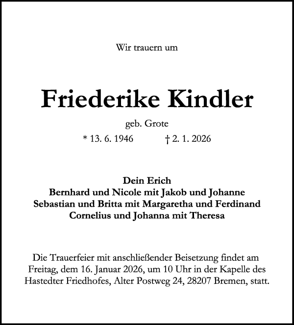 Traueranzeige von Friederike Kindler von WESER-KURIER