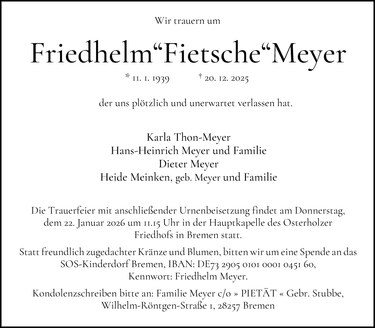 Traueranzeige für Friedhelm Meyer vom 10.01.2026 aus WESER-KURIER