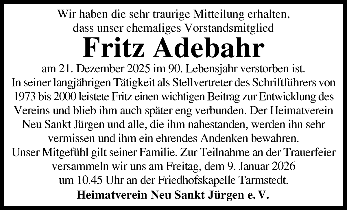 Traueranzeige von Fritz Adebahr von Wuemme Zeitung